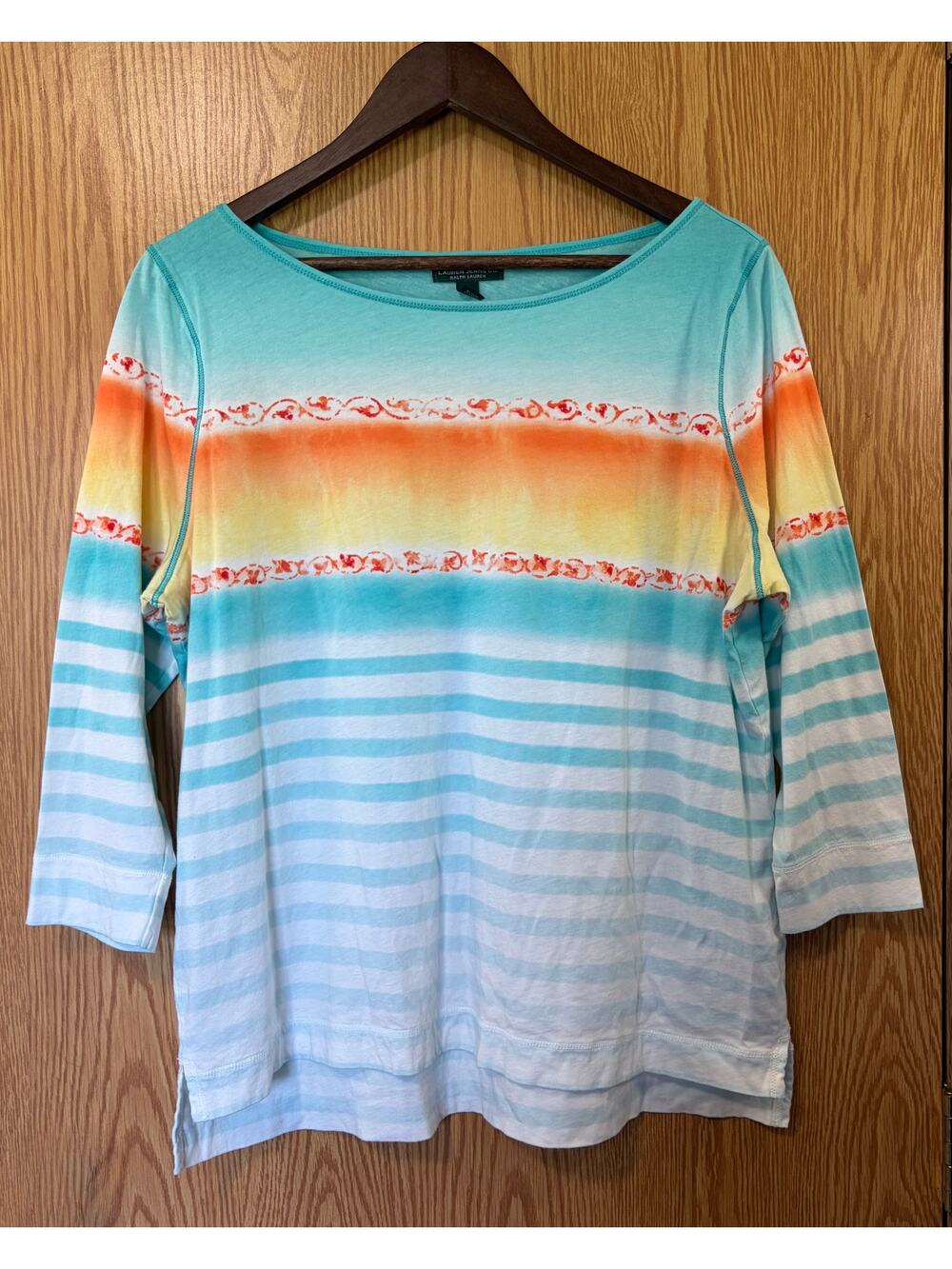 Ralph Lauren XL Coastal Beachy Soft Teal White Orange Long Sleeve Cotton Shirt